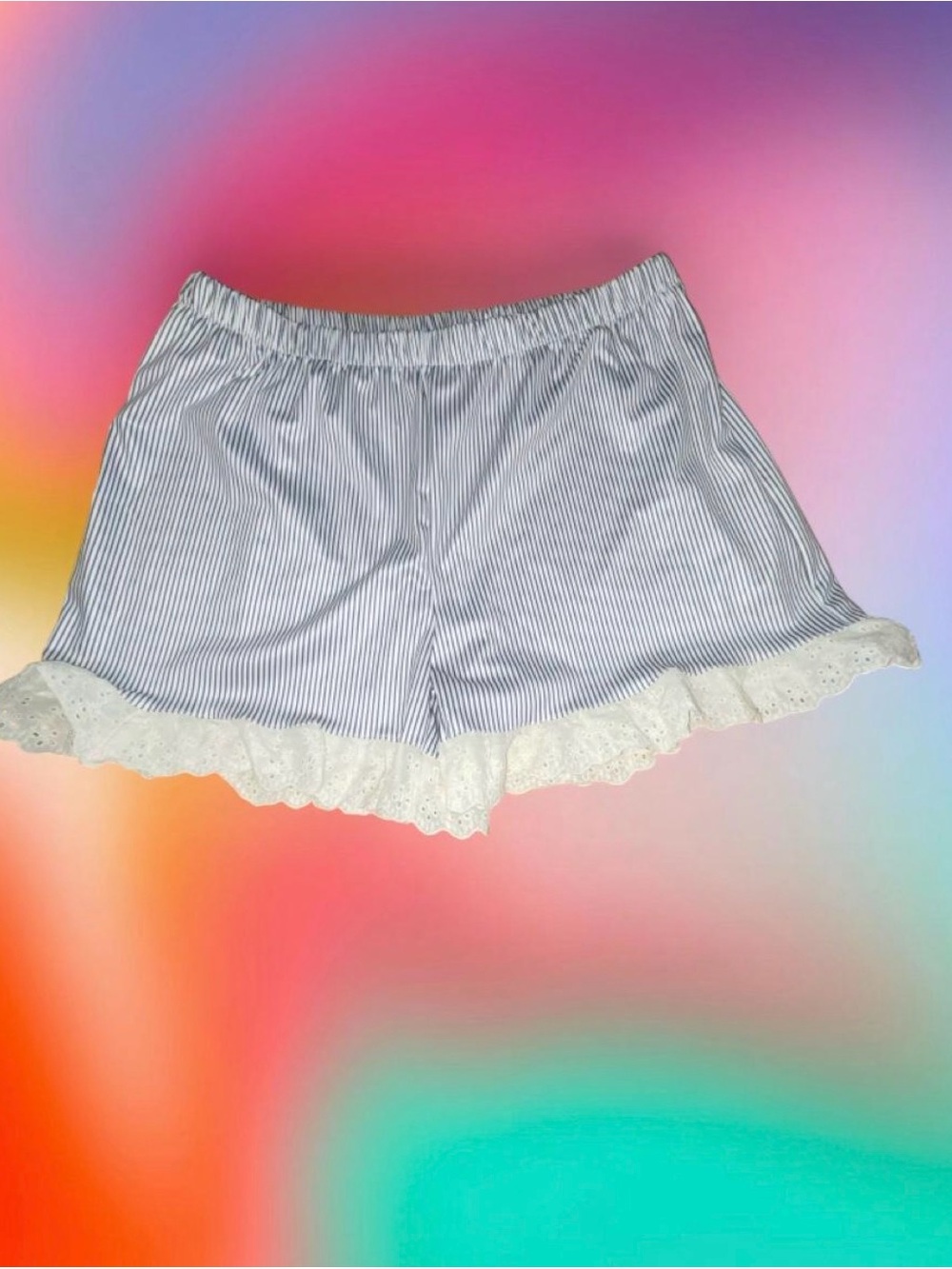 Coquette Striped Lace Eyelet Trim Ruffle Shorts - White/Blue Size XL